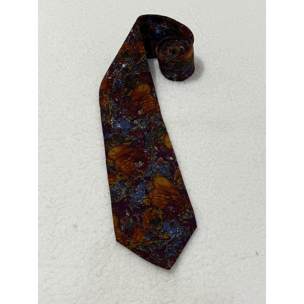 Adolfo Silk Necktie Abstract Floral Print Burgundy‎ Blue Orange Mens Tie